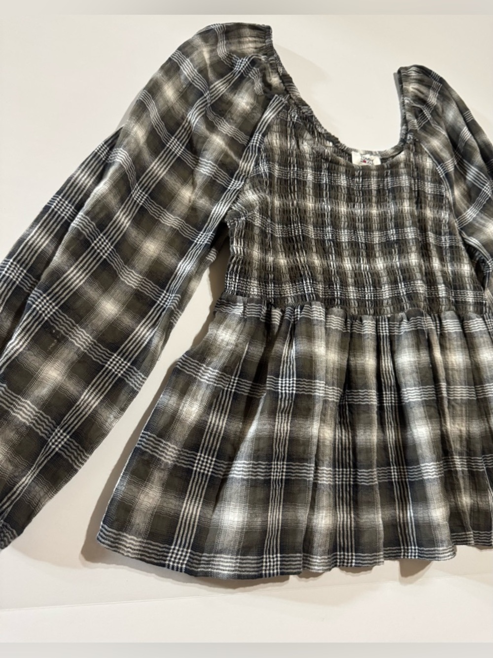 Tommy Jeans Plaid Smocked Peplum Top XL Stretch Long Sleeve Grunge